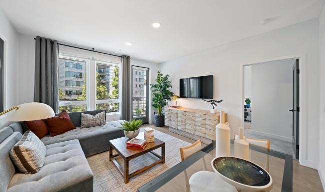a living room with a fireplace