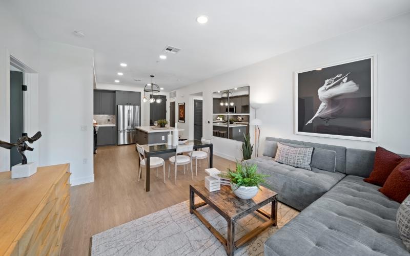 a living room with a wood floor