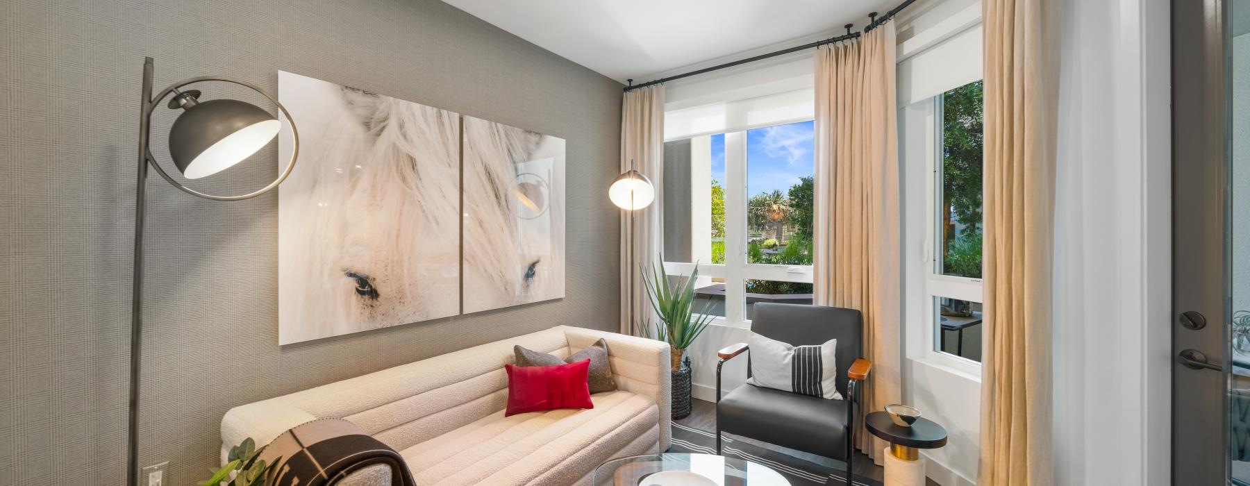 a living room with a large window